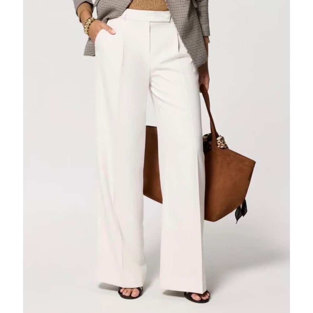 White High Waisted Wide Leg Trouser Dress Pants with Pockets